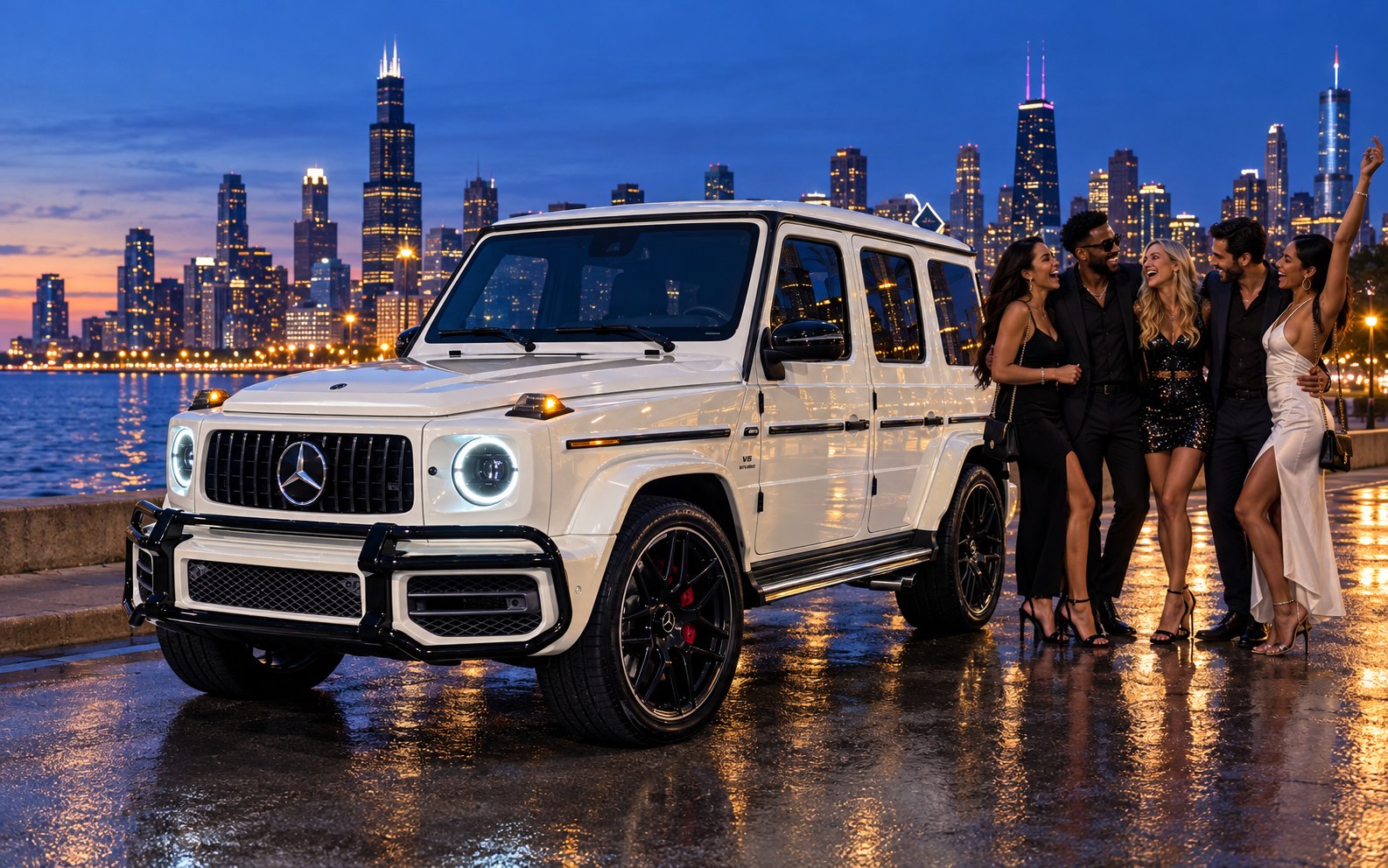 Friends dressed for a night out beside a white Mercedes-AMG G63 on the lakefront, the Chicago skyline lit behind