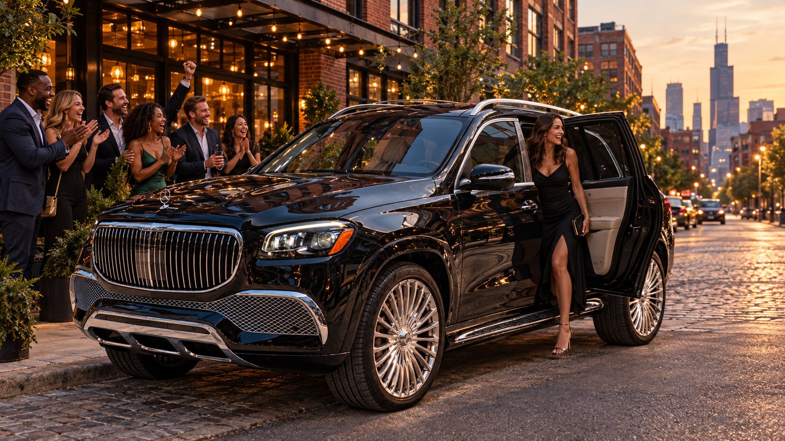 Guests arrive in a black Mercedes-Maybach GLS 600 at a Fulton Market restaurant in the evening